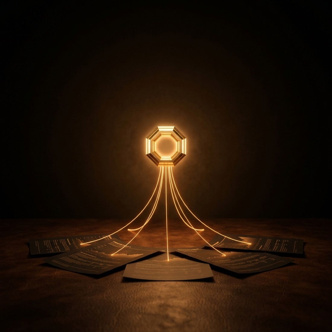A luminous gold octagonal core reading five printed reports through threads of light