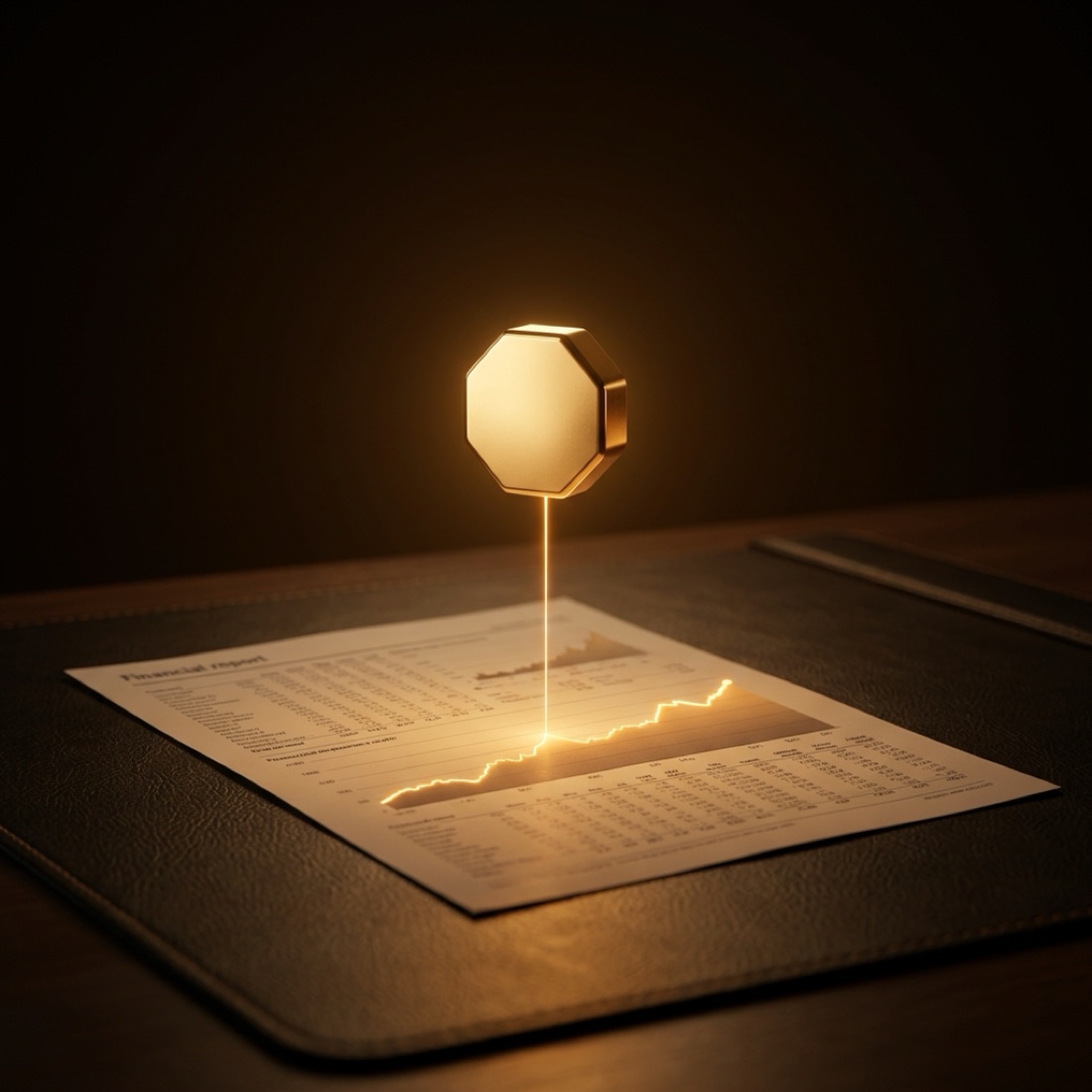 The glowing gold octagon core writing a rising chart line onto a printed report on a dark desk