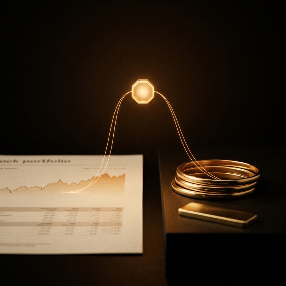 The glowing gold octagon core reading a stock portfolio report on one side and gold bangles on the other